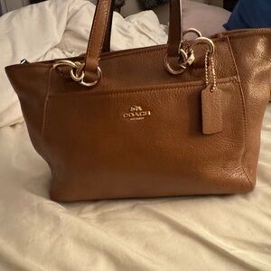 Coach Tan Leather Shoulder Tote with Gold-Tone Hardware